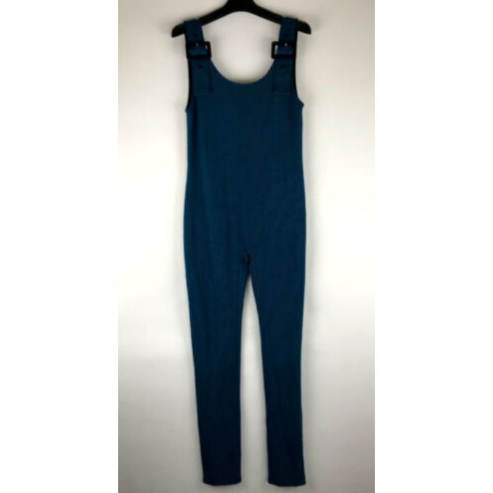 New  Jumpsuit Teal Pinstripe Black Buckles  NWOT